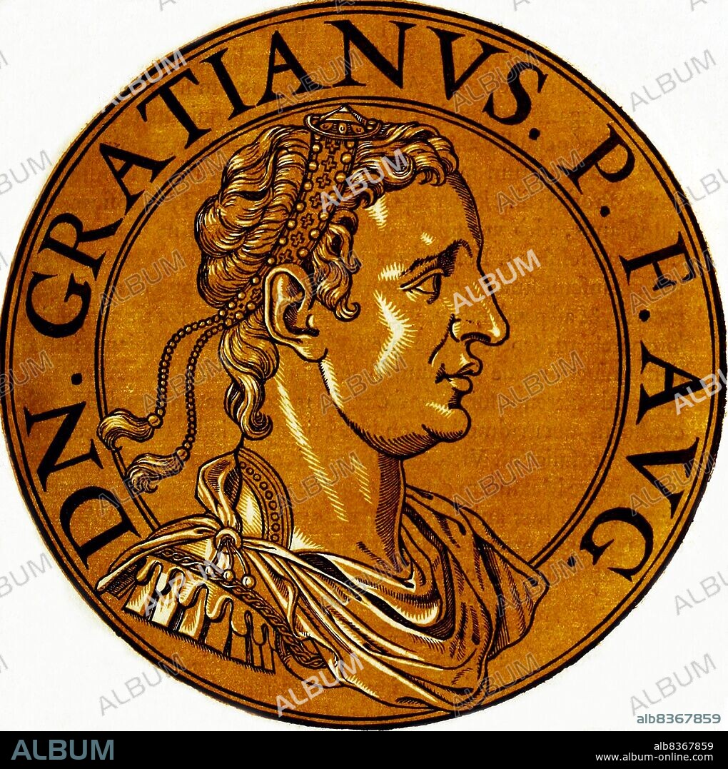 Italy: Gratian (359-383), 67th Roman emperor, from the book <i>Icones imperatorvm romanorvm</i> (Icons of Roman Emperors), Antwerp, c. 1645. Gratian was the son of Emperor Valentinian I by his first wife Marina Severa. Gratian became Augustus in 367, but when his father died in 375 and the army proclaimed his half-brother Valentinian II emperor, Gratian was forced to comply and shared administration of the western provinces with his infant sibling and his stepmother, though power was still held by him in reality.