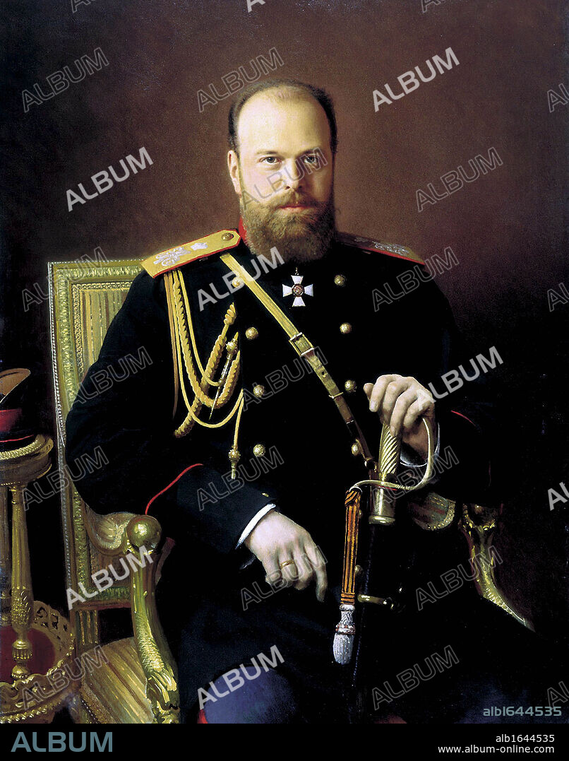 Alexander III (1845-1894), Tsar of Russia from 1881.  Portrait c1886 by Ivan Kramskoi (1837-1887) Russian painter. Three-quarter image of  Alexander in military uniform, hand on sword, seated looking forward.