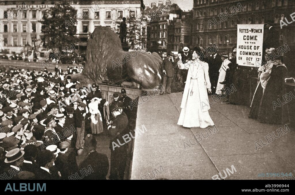 Christabel Pankhurst, British suffragette, addressing a crowd in Trafalgar Square, London, 11 October 1908. Christabel Pankurst (1880-1958), one of the founders of the Women's Social and Political Union (WSPU) and a leading member of the suffragette movement, inviting the crowd to 'rush' the House of Commons.