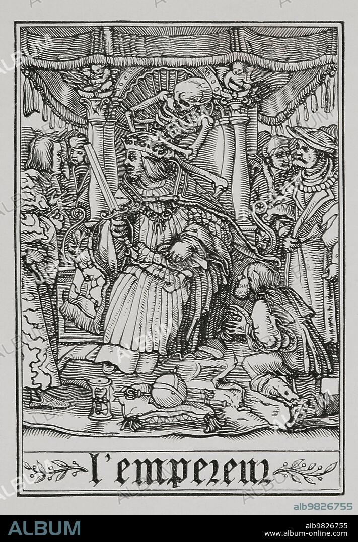 The Emperor visited by Death. Facsimile of an engraving, belonging to the series "The Dance of Death" by Hans Holbein the Younger, in "Les Simulachres et Histoires facées de la Mort", 1538. "Vie Militaire et Religieuse au Moyen Age et à l'Epoque de la Renaissance". Paris, 1877.