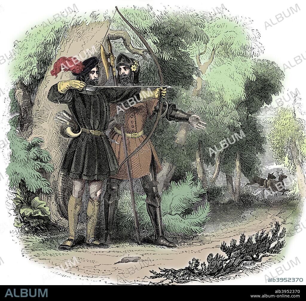 Robin Hood, legendary English folk hero and outlaw and champion of the poor, early 19th century. Robin (c1250-c1350)), an expert with the longbow and the quarter-staff, drawing his bow. Little John is at his side. (Colorised black and white print).