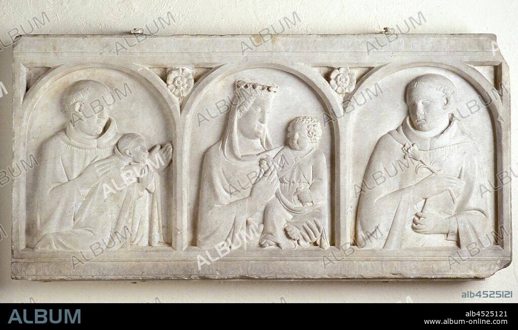 Tino di Camaino, Italian, 1285-1337, Madonna and Child with Saints, mid 14th Century, marble, Overall: 24 × 49 1/4 × 3 3/4 inches (61 × 125.1 × 9.5 cm).