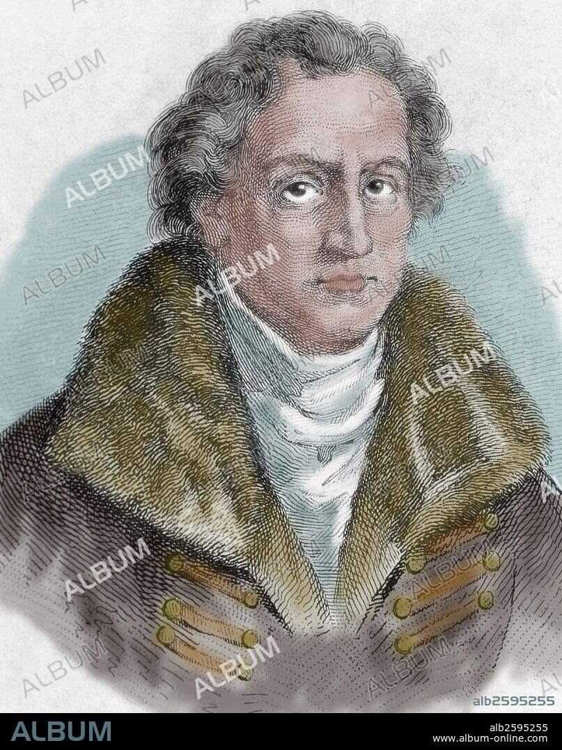 GOETHE, Johann Wolfgang von (Frankfurt del Main, 1749-Weimar,1832) Humanista y escritor alemán. Fué poeta, dramaturgo, novelista, crítico, investigador científico y ocupó diversos cargos en la corte de Weimar. Grabado coloreado del siglo XIX.