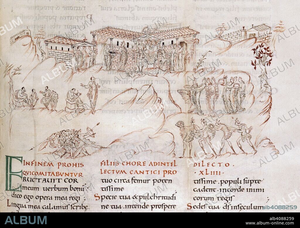 Illustration to Psalm 44. Harley Psalter. England [Christ Church, Canterbury]; first half of. [Drawing only] Illustration to Psalm 44  Image taken from Harley Psalter.  Originally published/produced in England [Christ Church, Canterbury]; first half of 11th century. . Source: Harley 603, f.26. Language: Latin.