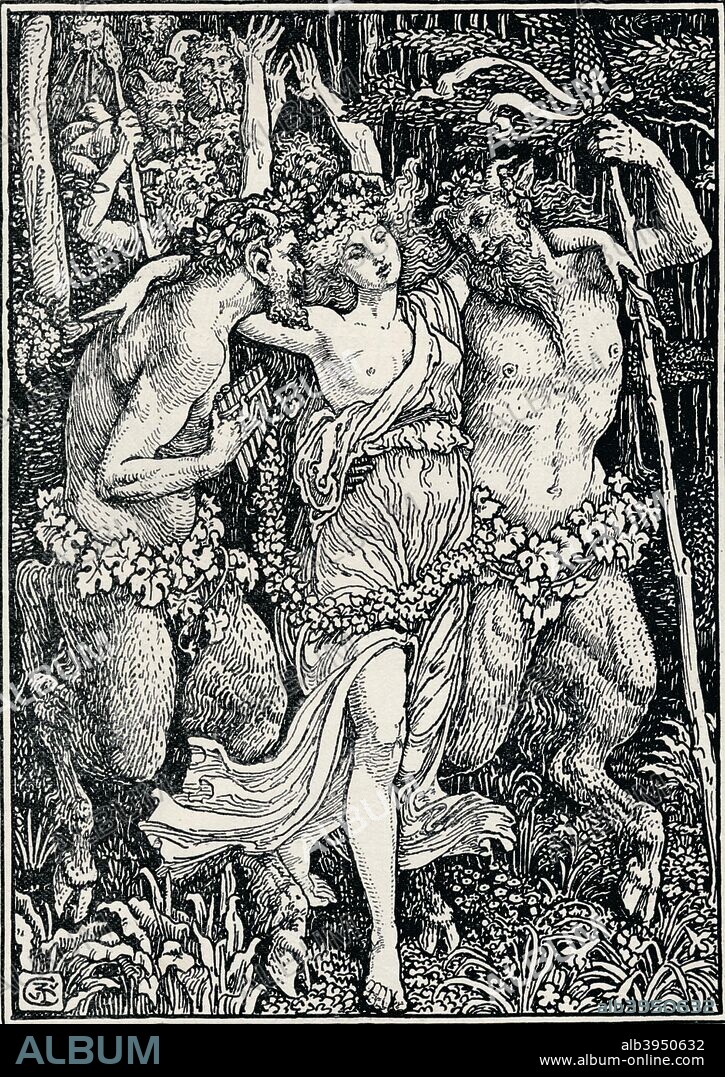 'Illustration for the Faerie Queene', c1890, (1897). 'The jolly Satyrs, full of fresh delight, Came dauncing forth, and with them nimbly ledd Faire Hellenore, with girlonds all bespredd, Whom their May-lady they had newly made'. Book III,  Canto X. An illustration for The Faerie Queene by Edmund Spenser (c1552-1599), an epic poem published across six books, first published in 1596. From The Studio Volume 9. [London Offices of the Studio, London, 1897].