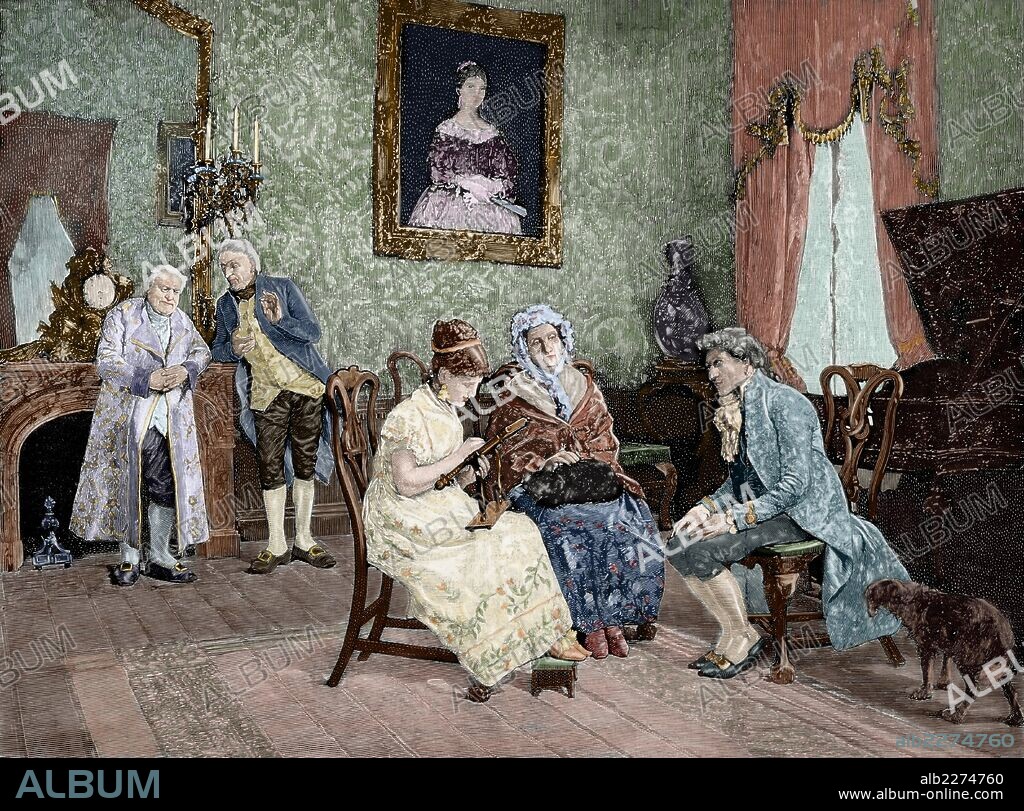Visit from boyfriend. Engraving by Severini after a painting of Luis Jimenez Aranda (1845-1928). The Spanish and American Illustration, 1886. Colored.
