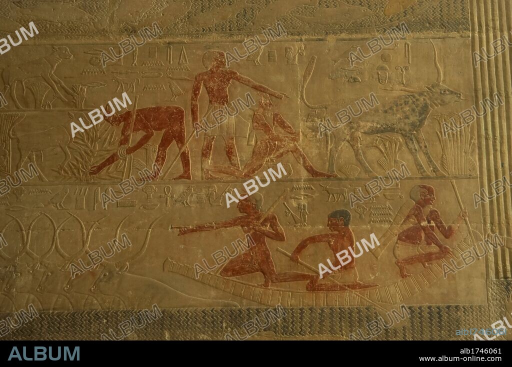 Egypt. Old Kingdom. 5th Dynasty. Mastaba of Ti. Decorative relief depicting a scene of cattle raising and fishing. Detail. Saqqara. Lower Egytp.