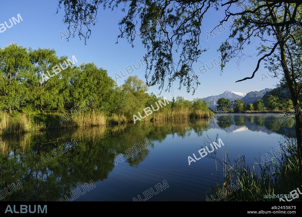 Brivio, laguna con los alpes al fondo, provincia de Lecco, Lombardia, Italia, Europa.