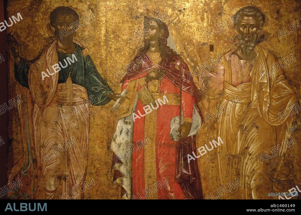 ARTE BIZANTINO. GRECIA. Detalle de un fresco de SAN JASON, SAN SOSIPATOS y SAN KERKYRA. Datado en el s. XVII. Procede de la iglesia de Nuestra Señora Antivouniotissa. Museo de la Fortaleza Vieja. Corfú. Isla de Corfú. Islas Jónicas.