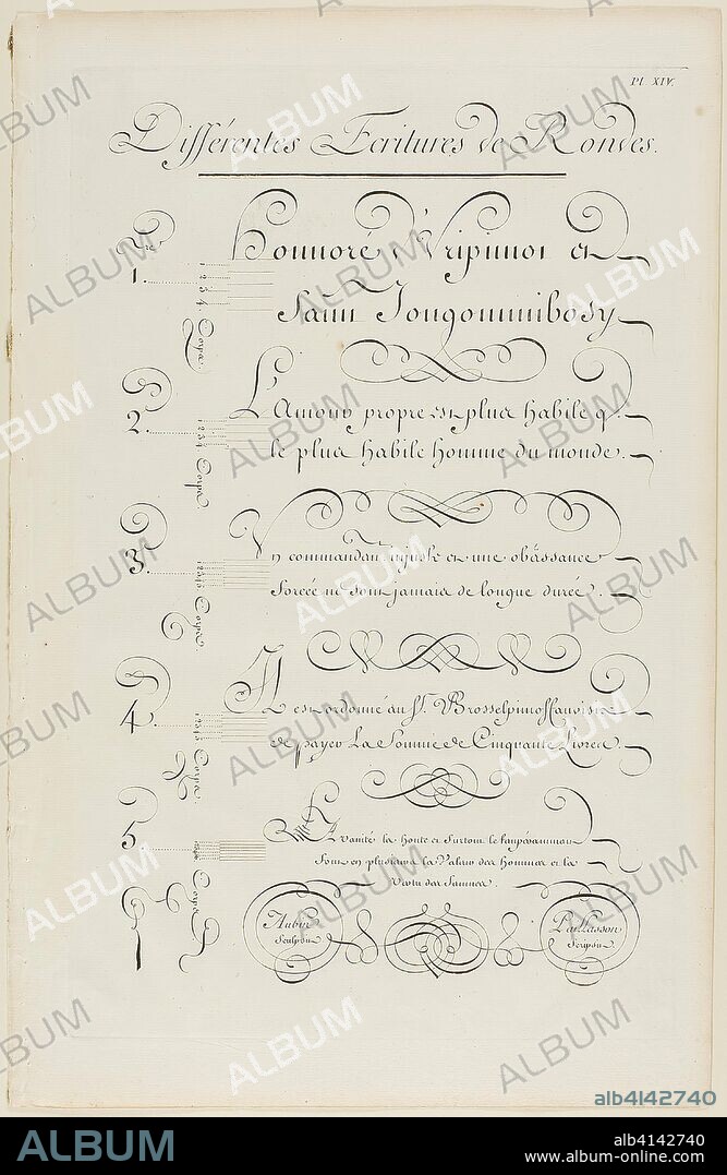 Various Rounded-Style Calligraphy, from Encyclopédie. Aubin (French, active 18th century); after Charles Paillasson (French, 1718-1789); published by André le Breton (French, 1708-1779), Michel-Antoine David (French, c. 1707-1769), Laurent Durand (French, 1712-1763), and Antoine-Claude Briasson (French, 1700-1775). Date: 1760. Dimensions: 400 × 260 mm. Engraving on cream laid paper. Origin: France.