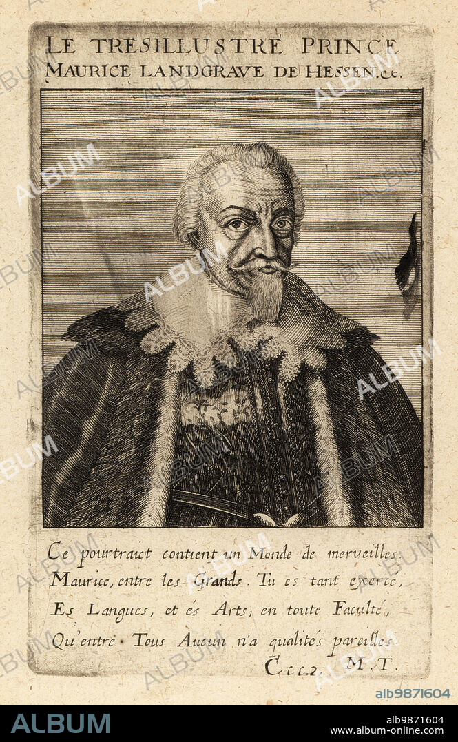 Maurice of Hesse-Kassel, Landgrave of Hesse-Kassel in the Holy Roman Empire 1572-1632. Maurice Landgrave de Hessen, Le Tres Illustre Prince. Copperplate engraving by Johann Theodore de Bry from Jean-Jacques Boissards Bibliotheca Chalcographica, Johann Ammonius, Frankfurt, 1650.