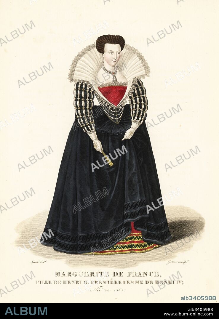 Margaret of Valois, Marguerite de France, daughter of King Henry II, first wife of King Henry IV, 1552-1615. Portrait from 1572 showing her in high upright lace collar, Spanish court dress with corset, vertugadin or farthingale, pearl necklace, slashed sleeves, and red embroidered petticoat. Handcoloured copperplate engraving by Georges Jacques Gatine after an illustration by Louis Marie Lante from Galerie Francaise de Femmes Celebres, Paris, 1827.