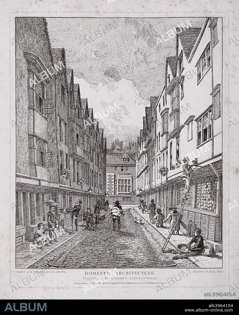 Great Winchester Street, London, 1814. View of Great Winchester Street looking towards London Wall. People go about their business; some carry baskets containing wares for sale, a boy leads a laden donkey, a man carries a bundle, another stands at the top of a ladder to attend to a street-lamp. Open drains run down both sides of the cobbled street.