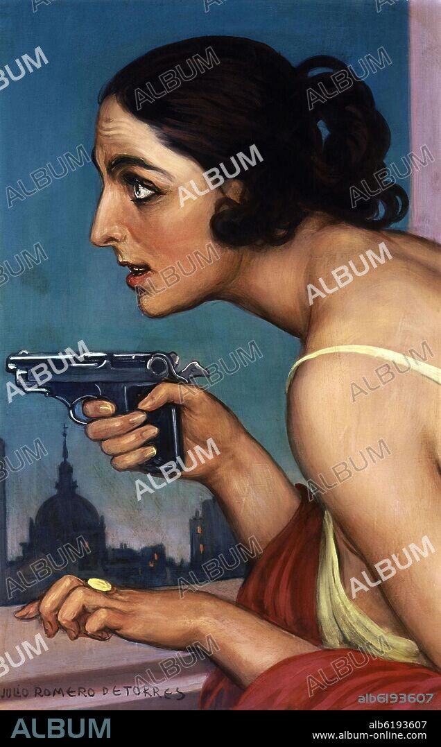 JULIO ROMERO DE TORRES. THE WOMAN OF THE GUN 1925-POSTER FOR THE SPANISH UNION OF EXPLOSIVES.