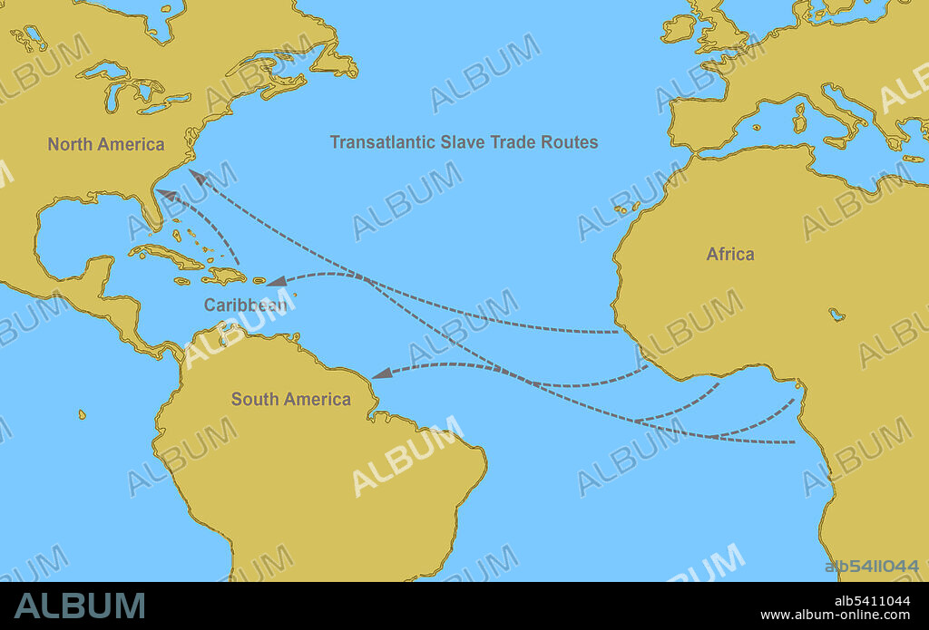 A map showing the routes of ships bringing African slaves to South America, the Caribbean, and North America. These slave traders transported roughly 12 million enslaved Africans, mainly purchased from local West African leaders, across the Atlantic from the 16th to the 19th century. The major Atlantic slave trading nations, ordered by trade volume, were: the Portuguese, the British, the French, the Spanish, and the Dutch Empires.