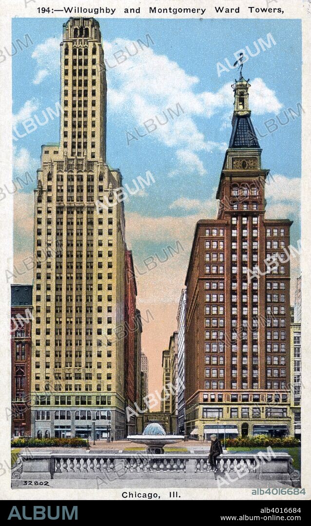 Willoughby and Montgomery Ward Towers, Chicago, Illinois, USA, 1934. Postcard. Designed by Samuel N Crowen & Associates, Willoughby Tower (left) was built in 1929. The Montgomery Ward Building was built in 1899 as the headquarters of Aaron Montgomery Ward's mail order retail business. From 1899 until 1922 it was the tallest building in Chicago. Today it is known as 6 North Michigan.