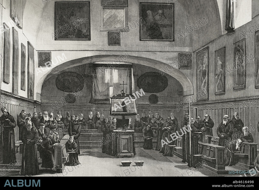 Capuchinos en el coro cantando vísperas. Coro del convento de los Capuchinos en Via Veneto de Roma. Grabado a partir de un cuadro de Ricardo Navarrete. La Ilustración Española y Americana, 1898.