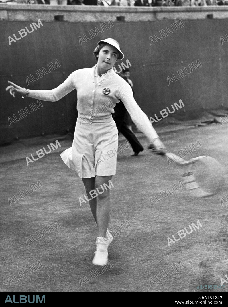 Forest Hills, New York:  September 7, 1936 British tennis star Katherine Stammers hits a backhand in a match during the National Tennis Singles Championships being held at the West Side Club.