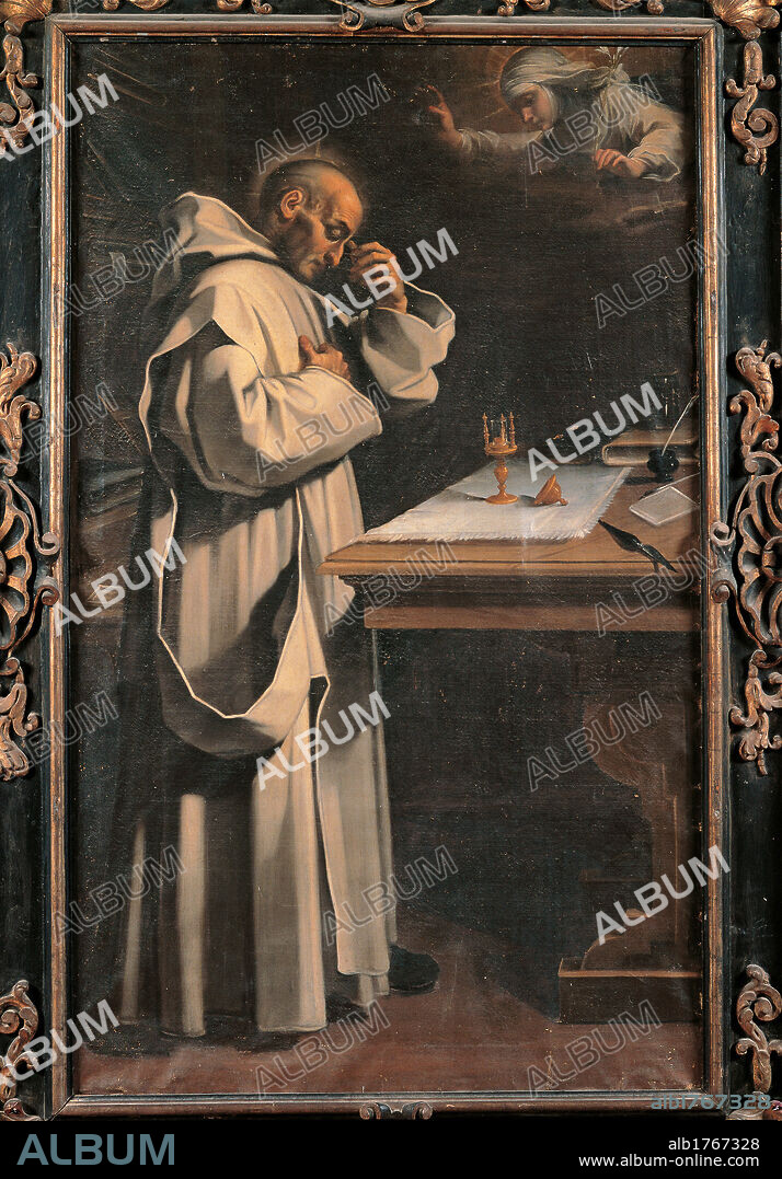 Blessed Stefano Maconi or Blessed Pietro Petroni, by Rutilio Manetti, 17th Century, oil on canvas, cm 192 x 116. Italy, Tuscany, Florence, Charterhouse, Coro dei Conversi. Full view. Blessed Stefano Maconi or Blessed Pietro Petroni habit tonsure chalice table angel halo grey brown white.