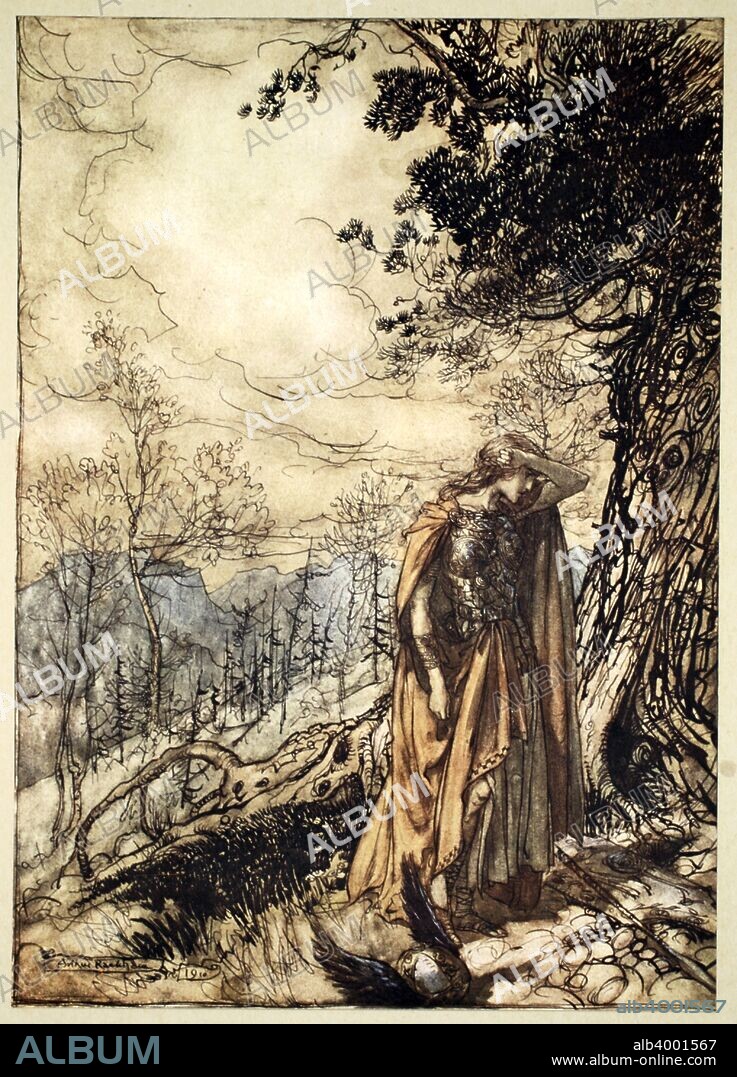 'Brunnhilde stands for a long time, dazed and alarmed', 1910. Illustration from The Rhinegold and the Valkyrie. Having been told that Wotan has decided that his son Siegmund must die, and that she, the valkyrie must make this happen, Brunnhilde is shocked. From a private collection.