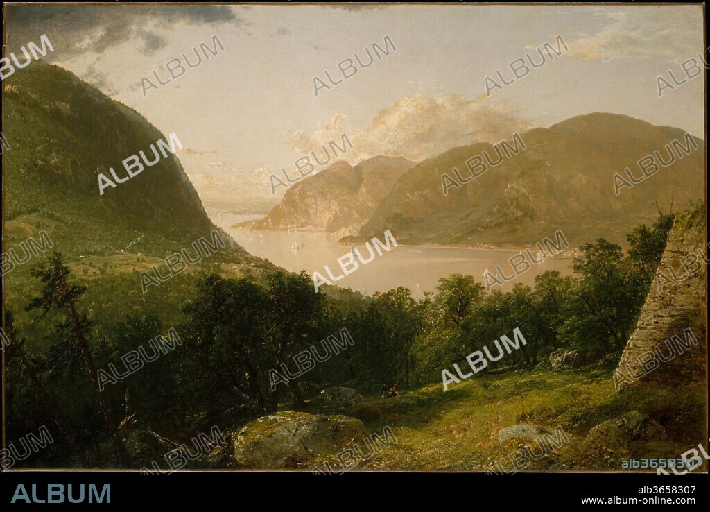 Hudson River Scene. Artist: John Frederick Kensett (American, Cheshire, Connecticut 1816-1872 New York). Dimensions: 32 x 48 in. (81.3 x 121.9 cm). Date: 1857.
At West Point, New York, the Hudson River flows between picturesque mountains, to both the east and the west. The region was a favorite of many of the Hudson River School artists, including Kensett, who painted numerous views of the site seen here. His vantage point was a spot near Fort Putnam, a corner of which can be glimpsed at the far right, looking north toward the bend in the river. The disparate levels of terrain permitted great variety in the depiction of light and shadow: for example, the dark foliage of the trees in the deep ravine provides a strong contrast to the sunlit rocky space in the immediate foreground, at the base of the fort.