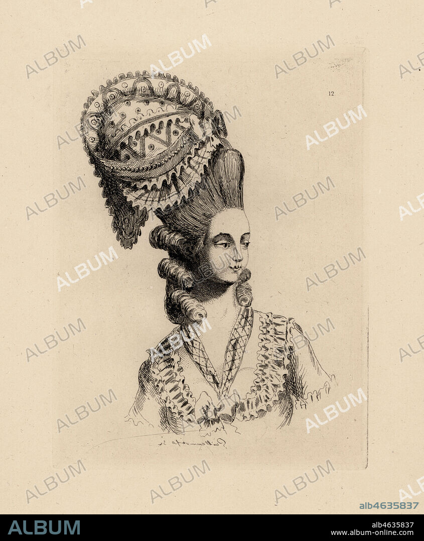 Woman in giant pouf hairstyle with bonnet and ringlets, era of Marie Antoinette. Copperplate etching by Auguste Etienne Guillaumot from Costumes et coiffures du XVIIIe siecle, Costumes and hairstyles of the 18th century, Cagnon, Paris, 1875. Original illustration from the Gallerie des Modes et Costumes Francais, 1778-1787.