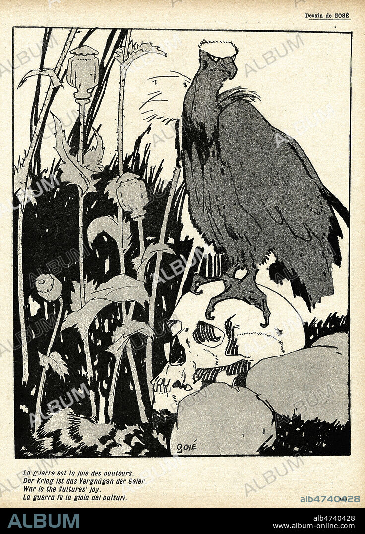 'La guerre est la joie des vautours' : vautour sur un crane humain. Illustration par GOSE (1876-1915) pour L'Assiette au Beurre du 15 juin 1907, numero intitule 'Europa'. Credit : Collection KHARBINE-TAPABOR.