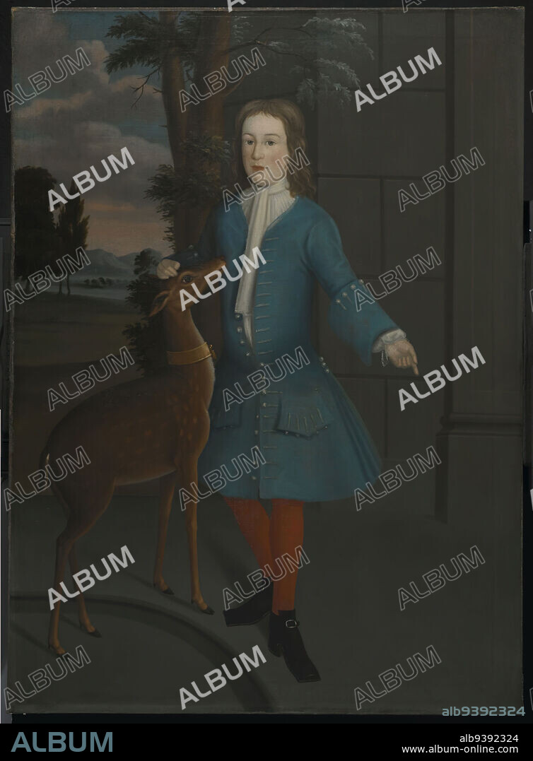 John Van Cortlandt, American, Oil on linen, United States, ca. 1731, 56 15/16 x 41 9/16 in., 144.7 x 105.6 cm, animal, animals, Bambi, beer belly, ca. 1731, child, collar, dandy, deer, oil on canvas, painting, pale, stiff, x-ray.