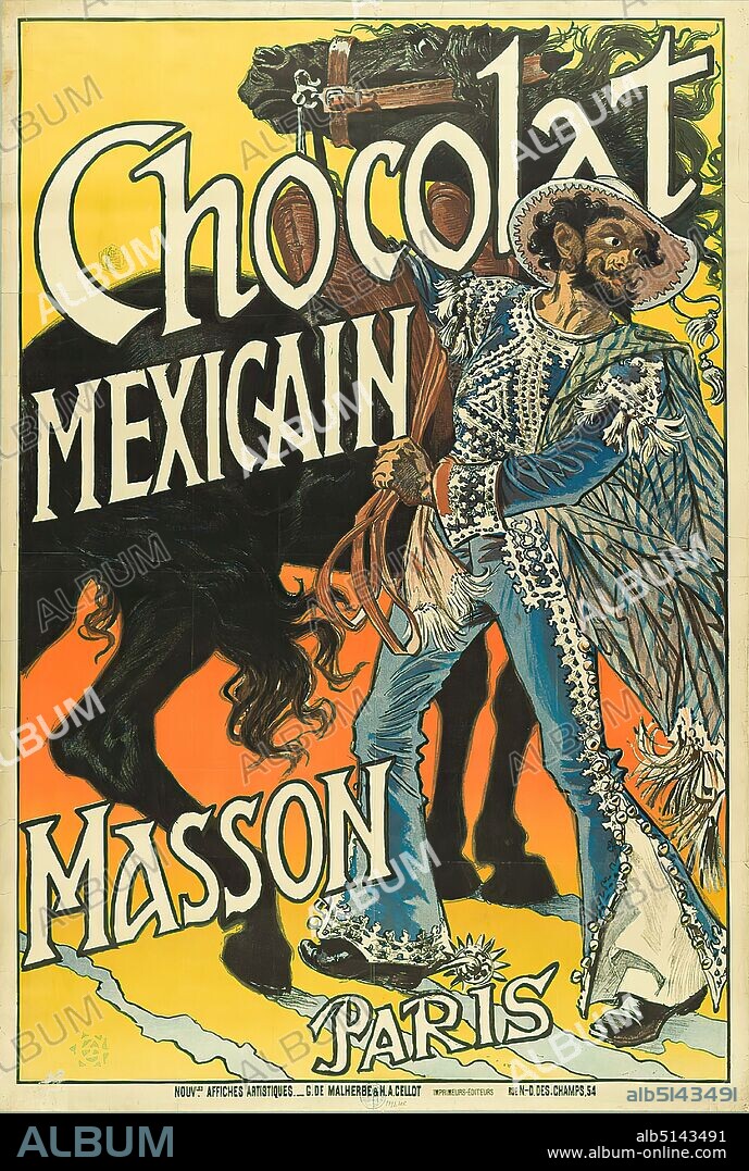 Imprimerie G. de Malherbe & H. A. Cellot, Eugène Grasset, Chocolat mexicain (Masson Paris), Lithography, Total: Height: 121 cm; Width: 82.5 cm, Product and business advertising (posters), Product advertising (posters), Horse, Leading the horse on a rein, Rider, Peoples and nationalities.