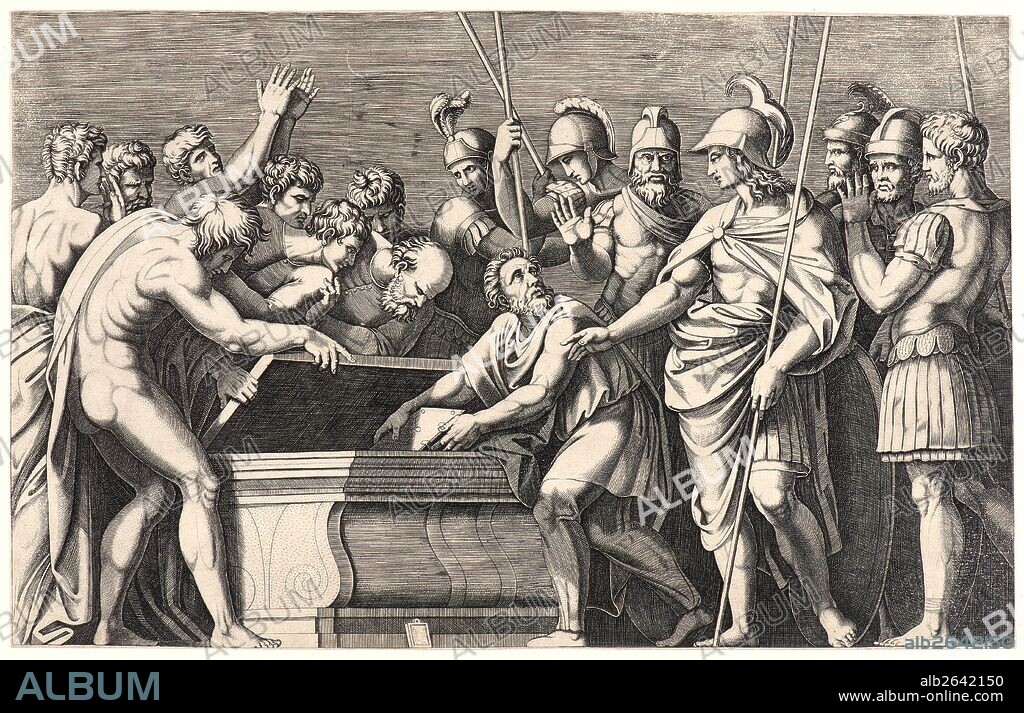 Marcantonio Raimondi (Italian, ca. 1470/1482-1527/1534) after Raphael (Italian, 1483 - 1520). Alexander the Great Preserving the Works of Homer in Achilles' Sarcophagus, ca. 1512-1530. Engraving on laid paper. Plate: 250 mm x 395 mm (9.84 in. x 15.55 in.).