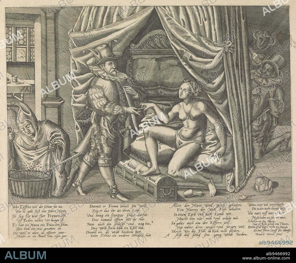 Allegory of a Man Locking a Woman into a Chastity Belt, In a bedroom, a naked woman wearing a chastity belt gives the key to the belt to her husband who is going on a trip. The man's hat has donkey ears or the ears of a jester's hat with bells. Behind the bed, a man and a maid look on. The maid has a second copy of the key in her hand, the man a bag of money. On the left, a jester trying to keep fleas in a basket symbolizes the foolishness of the jealous man. On the right a cat with a mouse, according to the caption a reference to the proverb: When the cat is away the mice dance. In the margin four verses of eight lines in German., print maker: Heinrich Wirich, (mentioned on object), Germany, c. 1575 - c. 1600, paper, engraving, height 231 mm × width 284 mm, height 272 mm × width 344 mm.