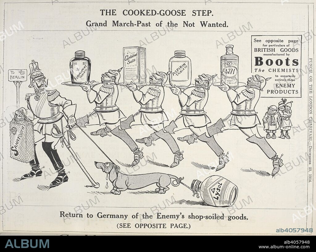 'The cooked-goose step. Grand march-past of the not wanted - Return to Germany of the Enemy's shop-soiled goods'. An cartoon showing German produced goods being returned and an appeal to use British made goods instead. Punch or the London charivari. London, 1914. Source: C.194.b.199, 23 December 1914, page II.