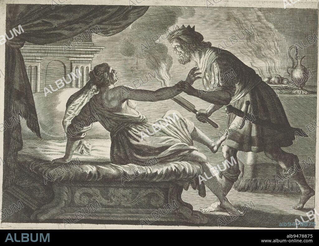 Cinyras attacks his daughter Myrrha, Metamorphoses by Ovid (series title), Cinyras discovers that he has slept with his daughter Myrrha and confronts her about it. He is about to kill her., print maker: Crispijn van de Passe (II), after design by: Pieter Lastman, (possibly), after design by: Jan Tengnagel, (possibly), c. 1636 - 1670, paper, engraving, height 163 mm × width 230 mm.