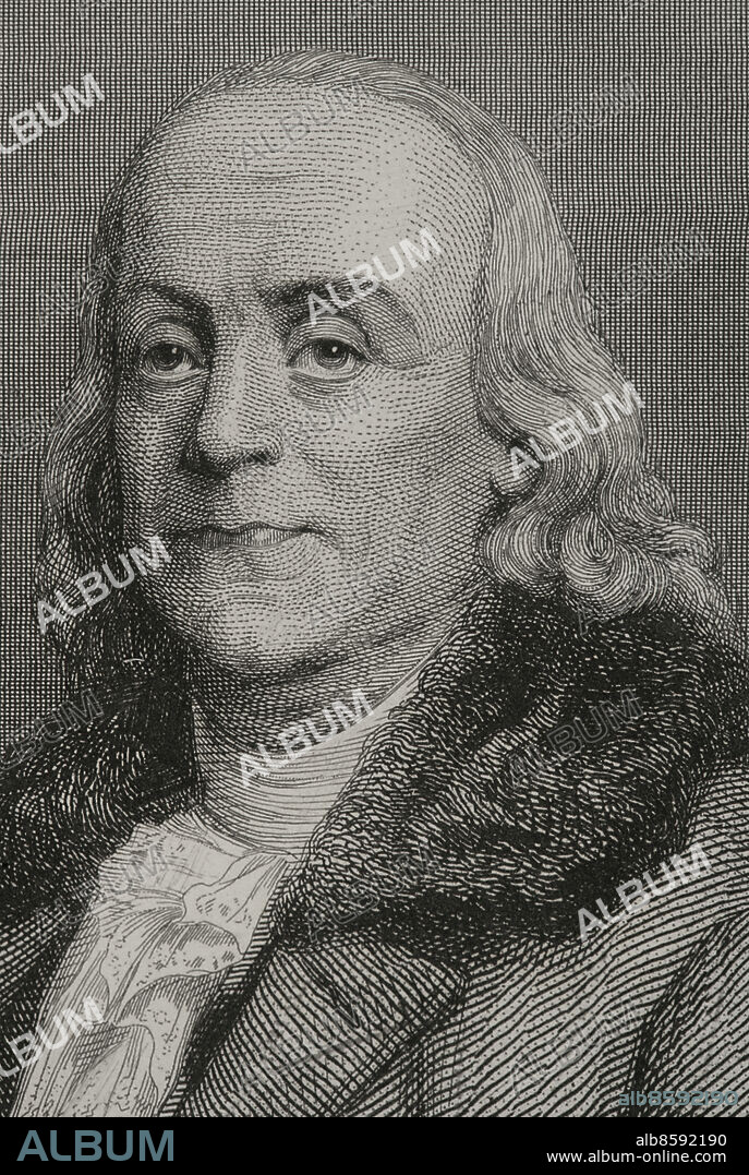 CHARLES GEOFFROY (1819-1882). FRENCH ENGRAVER.. Benjamin Franklin (1706-1790). American scientist, inventor and politician. In 1776 he wrote, with Jefferson and John Adams, the Declaration of Independence of the United States of America. Portrait. Engraving by Geoffroy. "Historia Universal", by César Cantú. Volume VI. 1857.