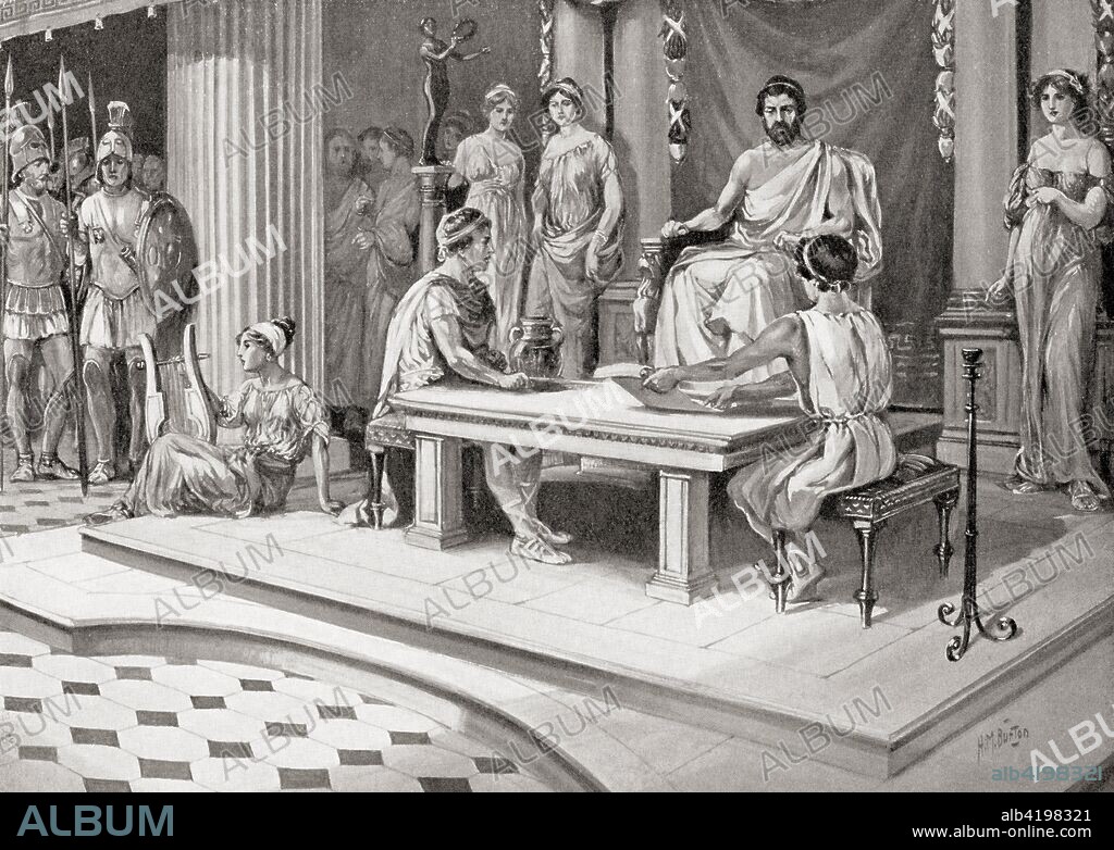 Jason of Pherae, d.370 BC,  ruler of Thessaly, holding court and settling a dispute between two of his subjects.  From Hutchinson's History of the Nations, published 1915.