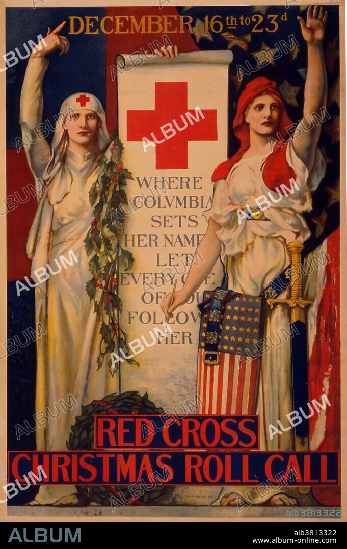 Entitled: "Red Cross Christmas roll call December 16th to 23rd". Poster showing a figure of Columbia holding a pen, and a Red Cross nurse with a scroll, inscribed "Where Columbia sets her name, let every one of you follow her." The most important volunteer group in America during WWI was the American Red Cross. During WWI more than eighteen thousand Red Cross nurses served with the Army and Navy Nurse Corps. Some of these nurses worked at American base hospitals, at field units, and aboard ships, whereas others, served at home combating the 1918 influenza epidemic and providing medical services to military camps, munitions plants, and shipyards. They also helped to recruit and train ambulance drivers and orderlies at various universities. By the time the war ended in November 1918, the Red Cross had become a major national humanitarian organization. Columbia is a historical and poetic name used for the United Columbia was largely displaced as the female symbol of the U.S. by the Statue of Liberty around 1920. Artist Edwin Howland Blashfield, 1918.