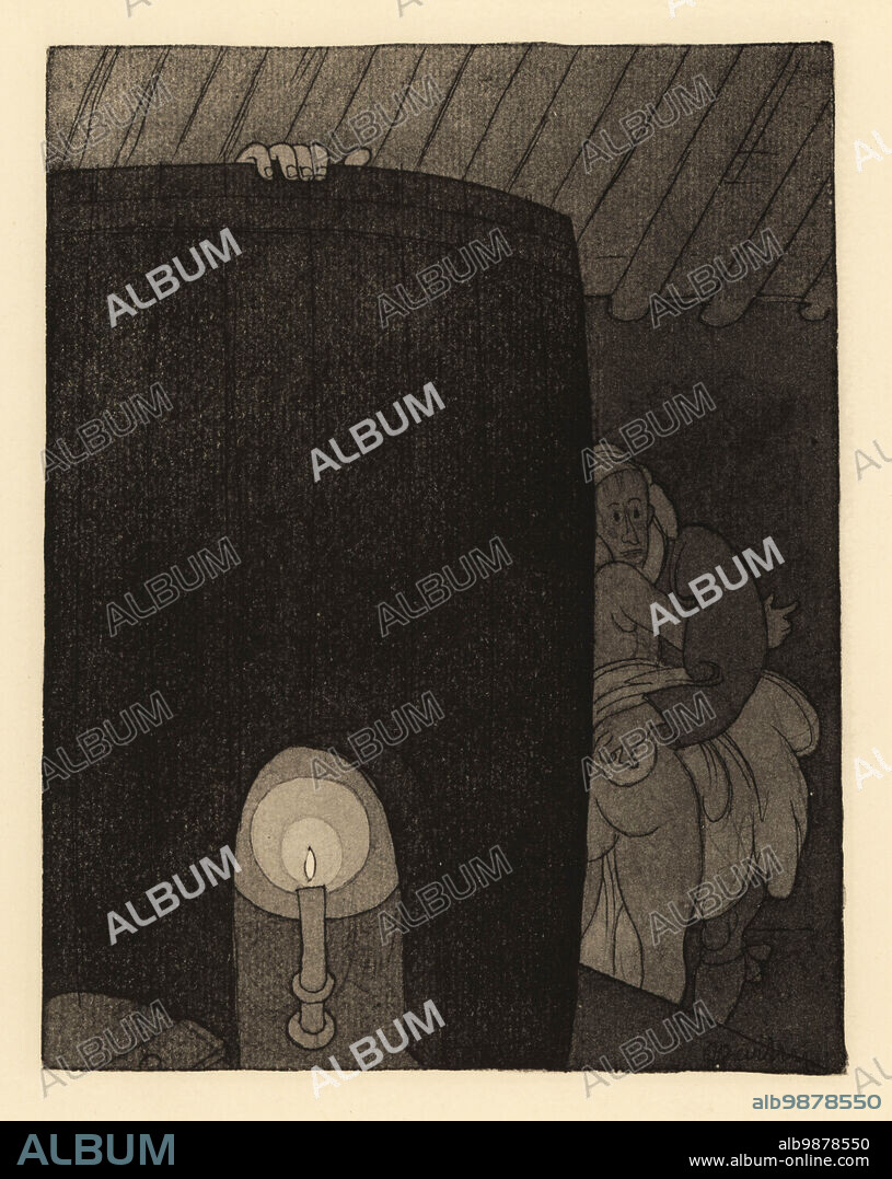 A man and woman have sex near a barrel in a barn. The cooper cuckolded by his wife while inside a barrel. The cooper. Le cuvier. Lithograph after an illustration by Charles Martin from Jean de la Fontaines Contes et Nouvelles en Vers, Tales and Novellas in Verse, Libraire de France, Paris, 1930.