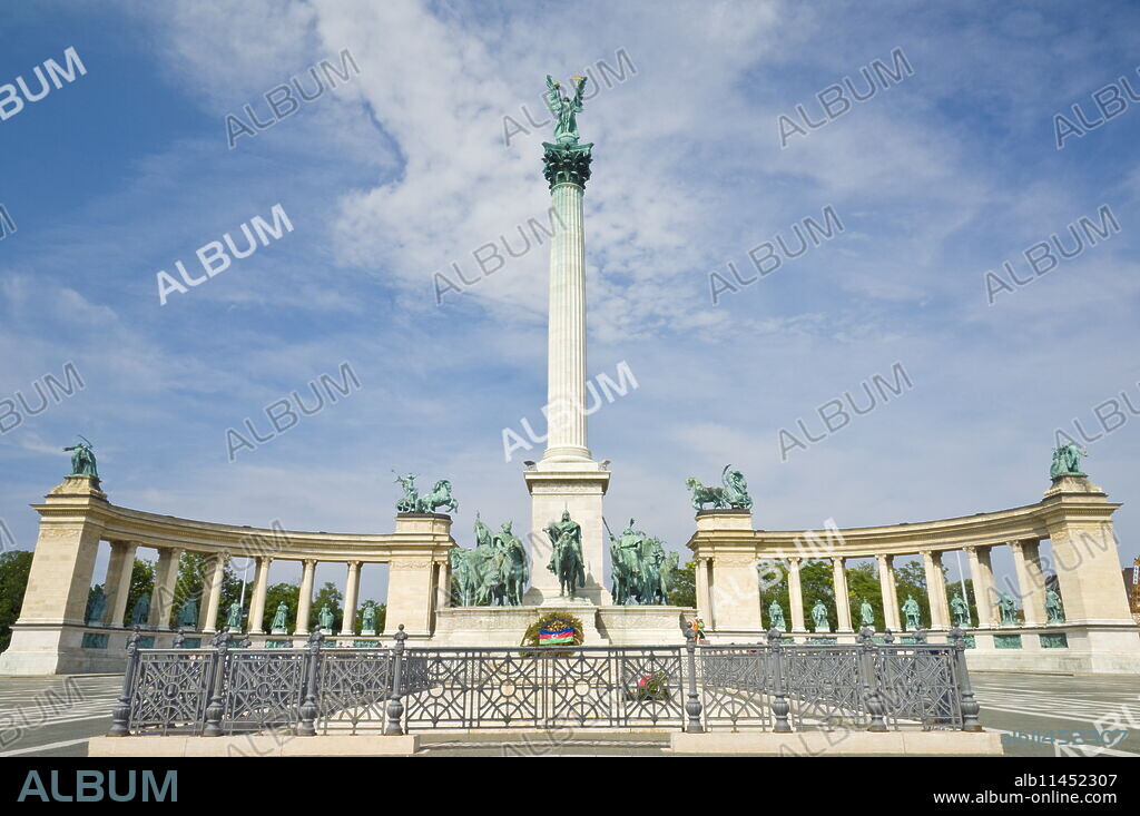 The Millennium monument, with archangel Gabriel on top, Heroes Square (Hosok tere), Budapest, Hungary, Europe.