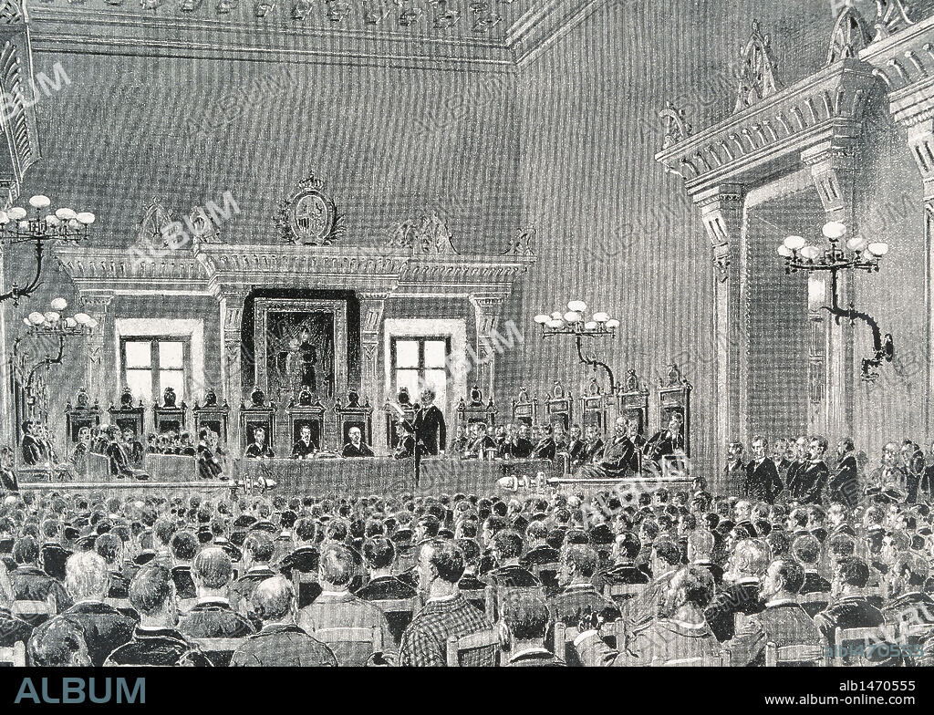 BASES DE MANRESA. Programa autonomista elaborado en Manresa, en marzo de 1892, por los elegidos de la Unión Catalanista y grupos regionalistas con ideología conservadora. "LA ASAMBLEA CATALANISTA EN LA SALA DE SESIONES DE LA CASA DE LA CIUDAD". (De un dibujo de J. Pahissa) .