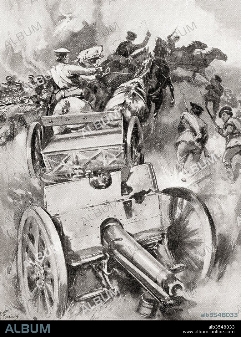 Russian troops capturing Austrian guns at the Battle of Lemberg, Galicia in 1914 during WWI. From The War Illustrated Album Deluxe, published 1915.