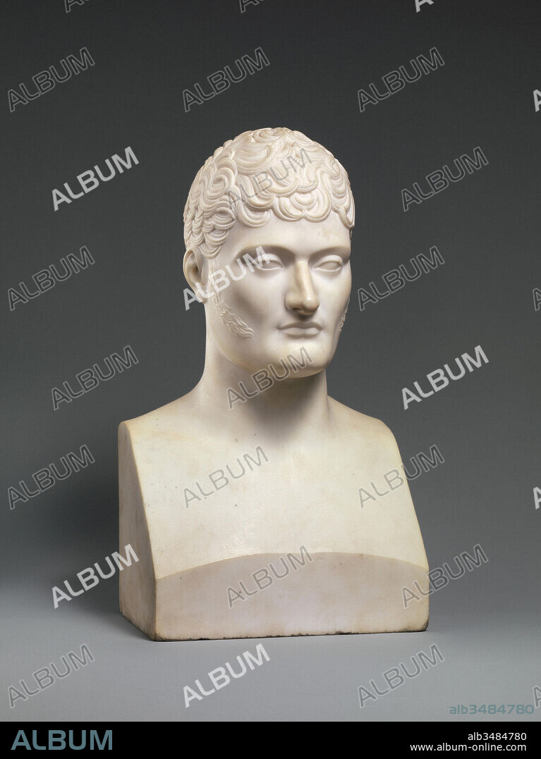 Jérôme Bonaparte (1784–1860), 1810–13, French, Carrara marble, Height: 21 1/2 in. (54.6 cm), Sculpture, After an original by Baron François Joseph Bosio (French, 1768–1845), This portrait of Napoleon's brother, designated king of Westphalia, is one of a number of busts copied from the head of a statue of Jérôme that was carved by the imperial court sculptor.
