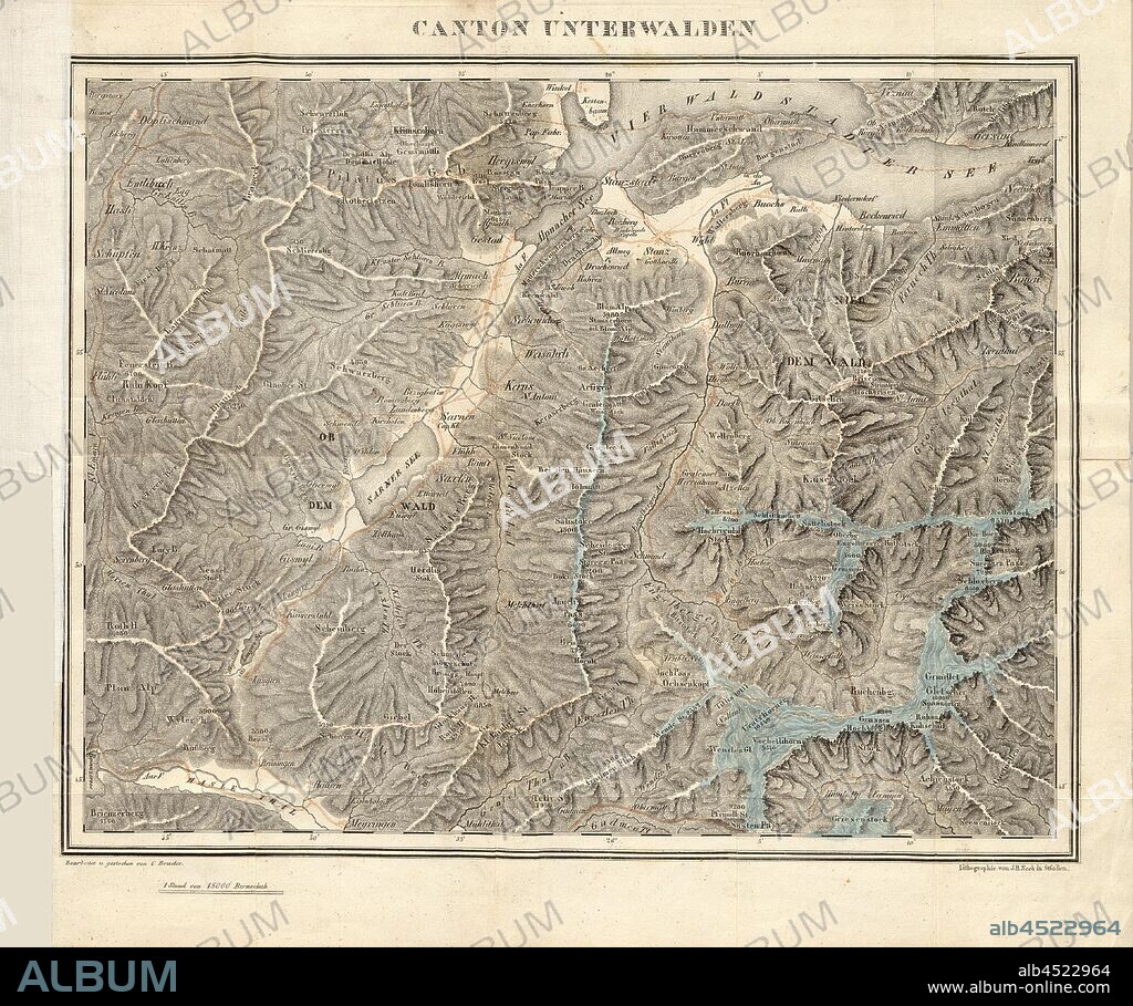 Canton Unterwalden, Map of the area Unterwalden (today: Nidwalden and Obwalden), signed: Edited u., struck by C. brother; Lithograph by J. H. Neeb, Taf. 1, after p. 199, Bruder, C. (bearb. u. gest.);, Neeb, J. H. (lith.), Aloys Businger: Historisch-geographisch-statistisches Gemälde der Schweiz. Heft 6. St. Gallen, Bern: bei Huber und Compagnie, 1836.