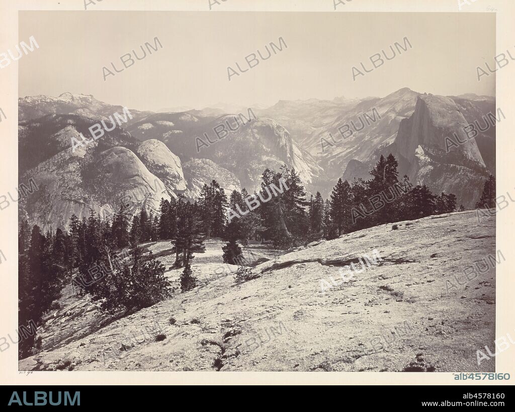 The Domes, from the Sentinel Domes, Yosemite, c. 1865-1866. Although prolific in all types of commercial photography, Carleton Watkins was best known for his majestic images of Yosemite Valley. He first transported his mammoth-plate camera there in 1861 and returned many times to record America's natural treasure. Besides establishing aesthetic and technical standards of excellence for landscape photography, Watkins's work was instrumental in passing the 1864 Congressional bill enacted to protect Yosemite from development. In this panoramic view, he displayed elegantly curved rock formations in the foreground. The photograph was structured in overlapping planes, which effectively depicted the seemingly limitless gradations and undulations in the landscape. His skillful suggestion of atmospheric perspective made the mountains and trees appear less clearly visible in the background, enhancing the sense of a vast, pristine landscape.