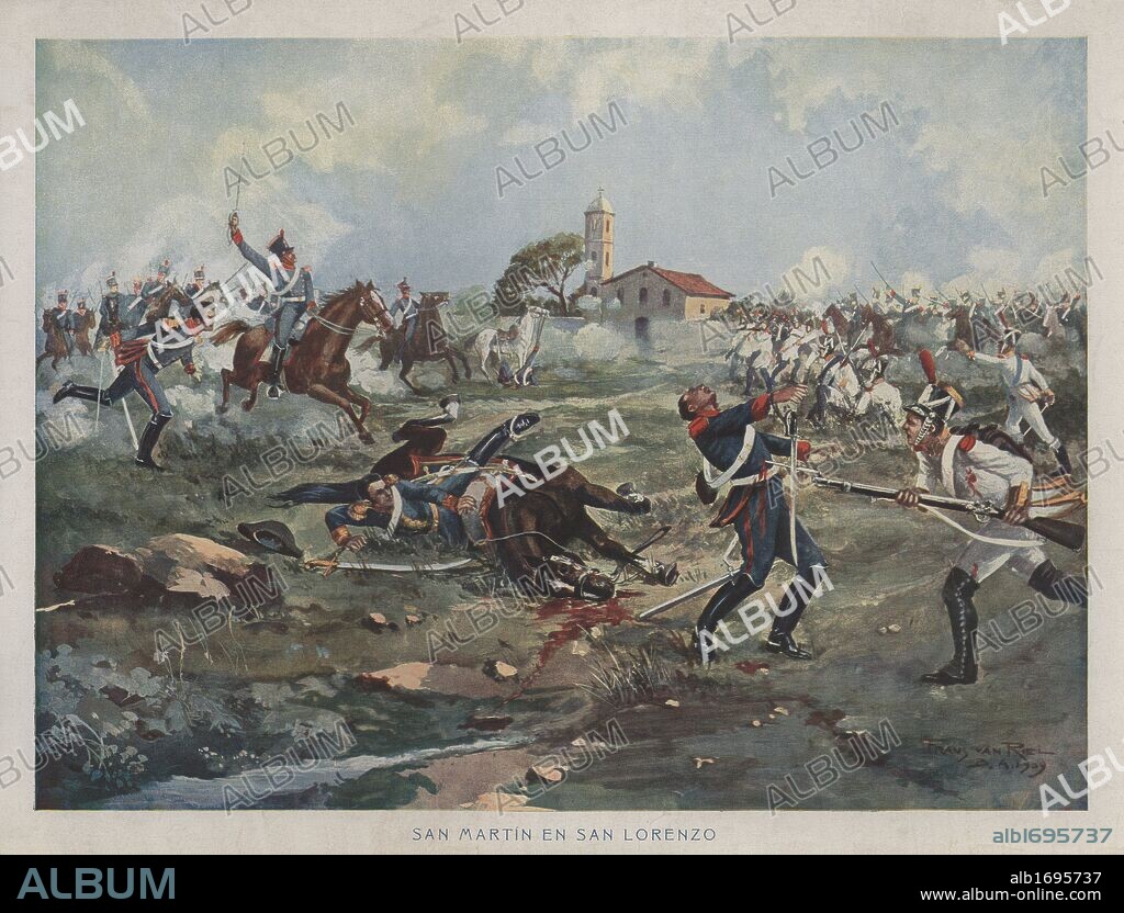 Argentina, Combate de San Lorenzo, 23 febrero 1813. El general San Martín (Río de la Plata, 1778-Boulogne-sur-Mer, 1850) cae del caballo siendo salvado por el sargento Cabral. Dibujo de Franz van Riel, Buenos Aires, 1909.
