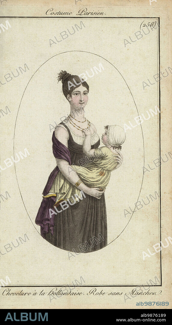 Fashionable woman and child, Paris, 1800. She wears her hair in the Dutch style, tied up in a bun, sleeveless dress and shawl. Chevelure a la Hollandaise. Robe sans manches. Handcoloured copperplate engraving from Pierre de la Mesangeres Journal des Modes et Dames, Paris, 1800. The illustrations in volume 4 were by Carle Vernet, Bosio, Dutailly and Philibert Louis Debucourt.