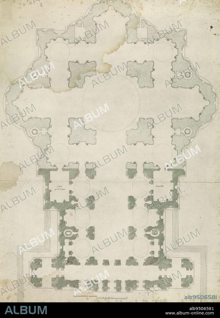 Map of St. Peter's Basilica in Vatican City, The print is part of an album., print maker: Matthäus Greuter, (possibly), publisher: Giovanni Giacomo de'Rossi, (possibly), print maker: Italy, publisher: Rome, 1637 - 1691, paper, engraving, height 575 mm × width 421 mm.
