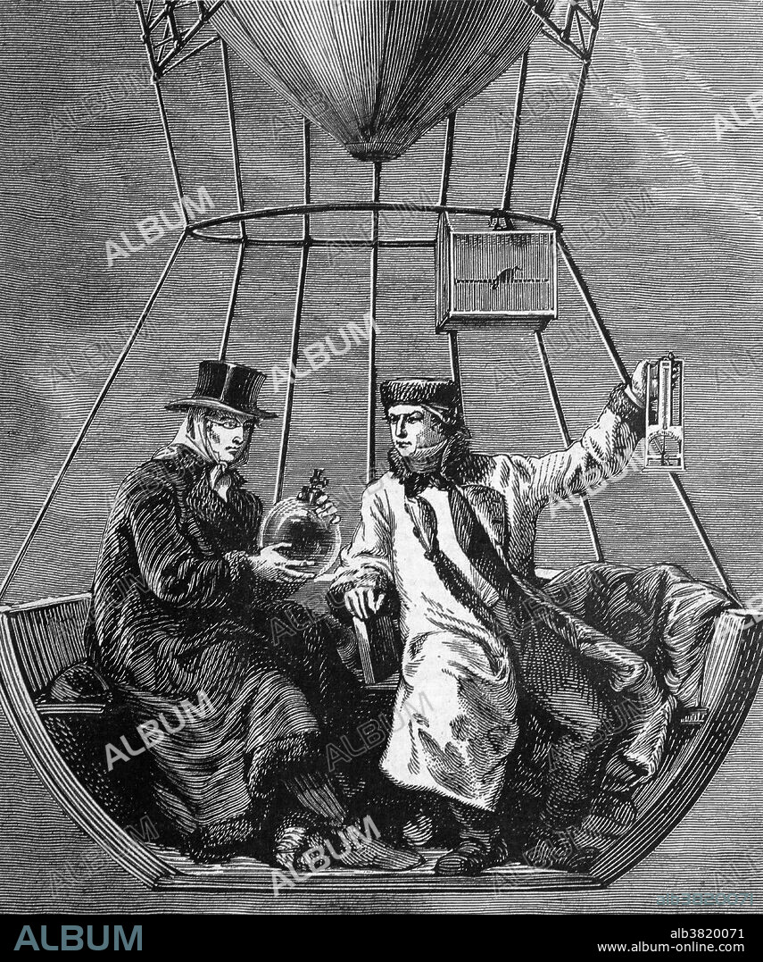 Illustration of Joseph Louis Gay-Lussac (1778-1850), French chemist and physicist, in a daring 1804 balloon ascent to investigate terrestrial magnetism and the composition of air at high altitude.
