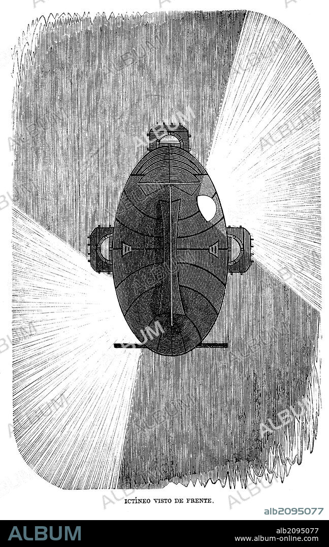 El Ictíneo, de Narciso Monturiol (1819-1885). Proyecto del submarino visto de frente. Grabado de 1860.