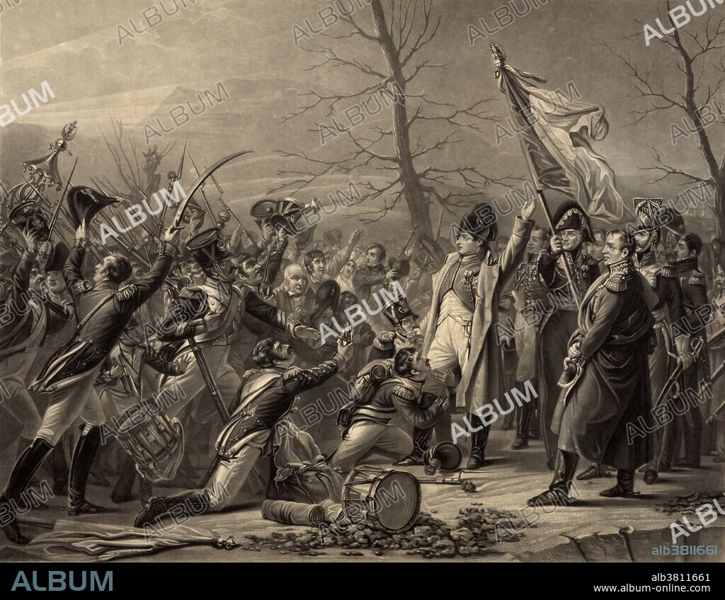 Engraving by George Sanders after a painting by Steuben depicting Napoleon's return from the Island of Elba on March 7th, 1815. Napoleon Bonaparte (1769-1821) was a French military and political leader during the latter stages of the French Revolution. As Napoleon I, he was Emperor of France from 1804 to 1815. He is best remembered for his role in the series of conflicts known as the Napoleonic Wars, during which the French Empire enjoyed a long streak of victories. In the War of the Sixth Coalition (1813-1814), however, Napoleon was finally defeated and exiled to Elba. He escaped, but after losing the battle of Waterloo he was again imprisoned and this time exiled to Saint Helena off the coast of Africa. In February 1821, his health began to fail rapidly and he died.