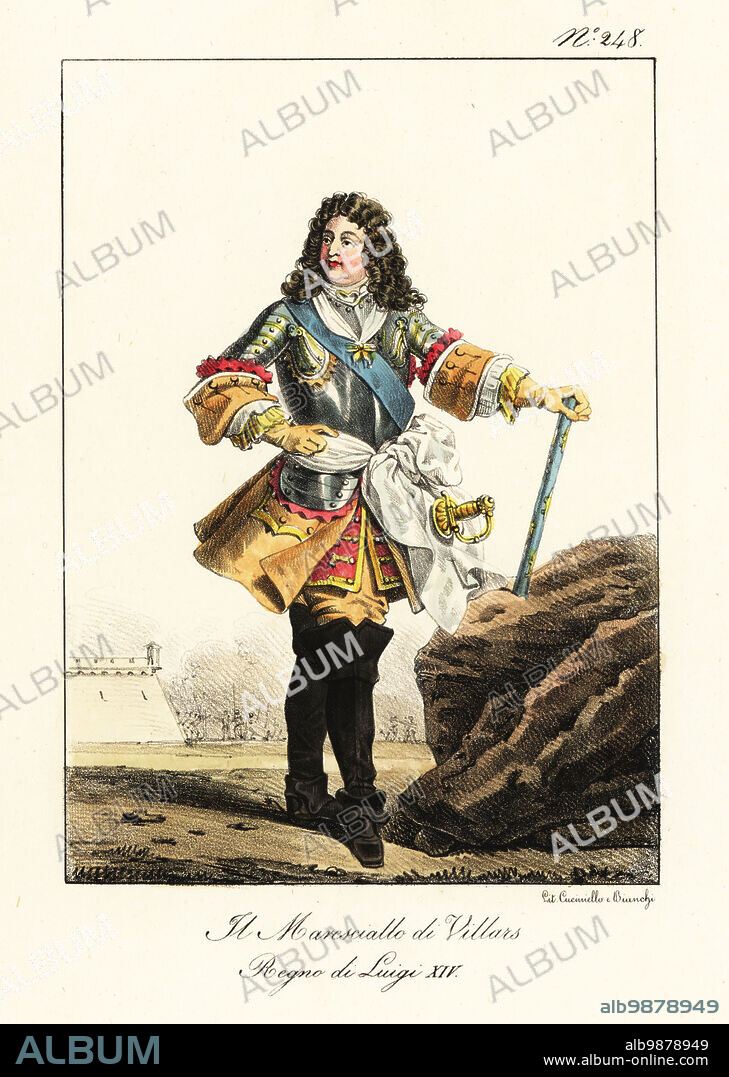 Claude Louis Hector de Villars, Prince de Martigues, Duc de Villars, Vicomte de Melun, 1653-1734, French military commander to King Louis XIV of France. In buff coat, red jacket with frogging, breastplate, ribbon with Order of the Golden Fleece, sword and baton. Le Marechal de Villars. Regne de Louis XIV. Handcoloured lithograph by Lorenzo Bianchi and Domenico Cuciniello after Hippolyte Lecomte from Costumi civili e militari della monarchia francese dal 1200 al 1820, Naples, 1825. Italian edition of Lecomtes Civilian and military costumes of the French monarchy from 1200 to 1820.